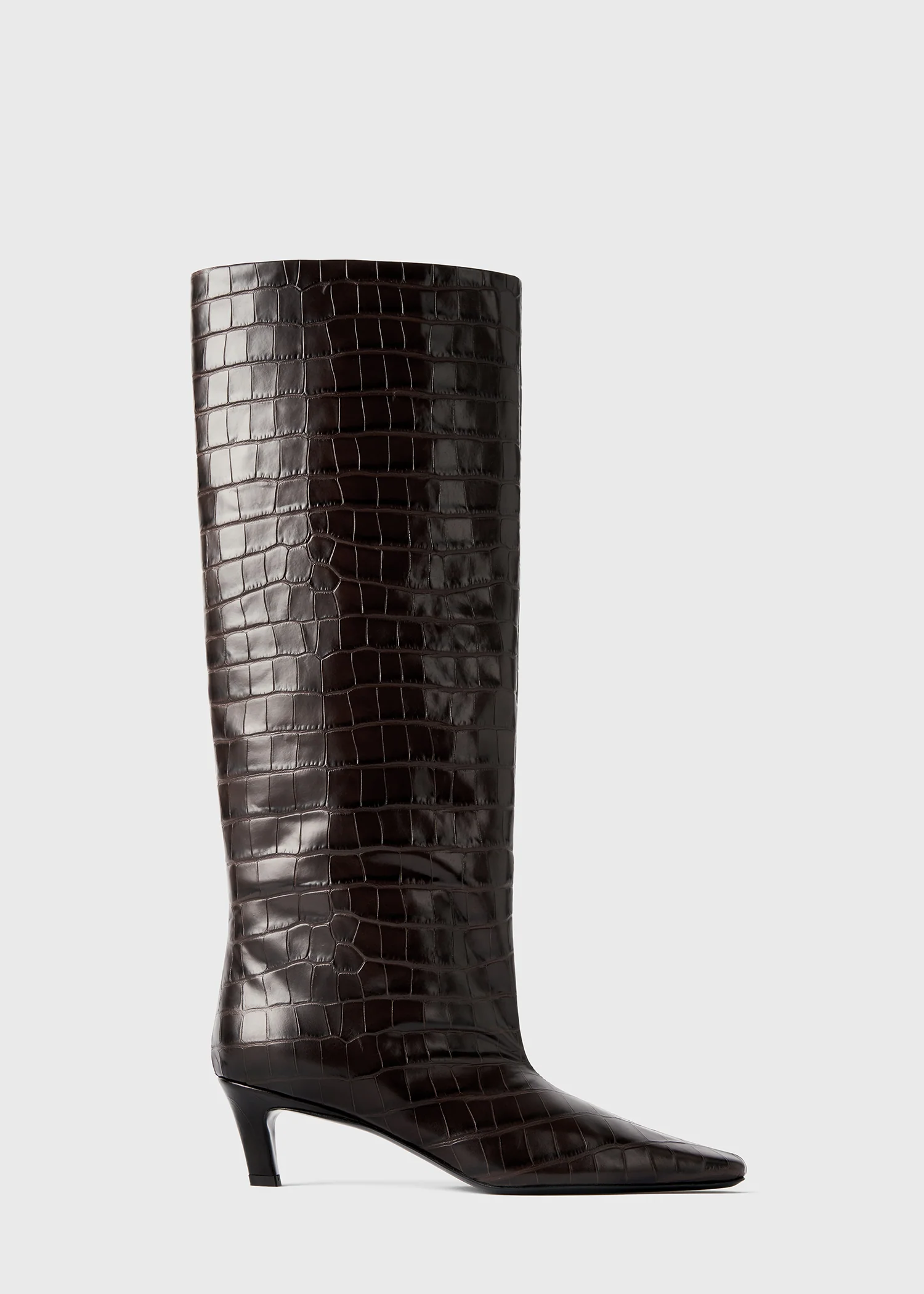 Croco-embossed wide shaft boots dark brown - Image 7